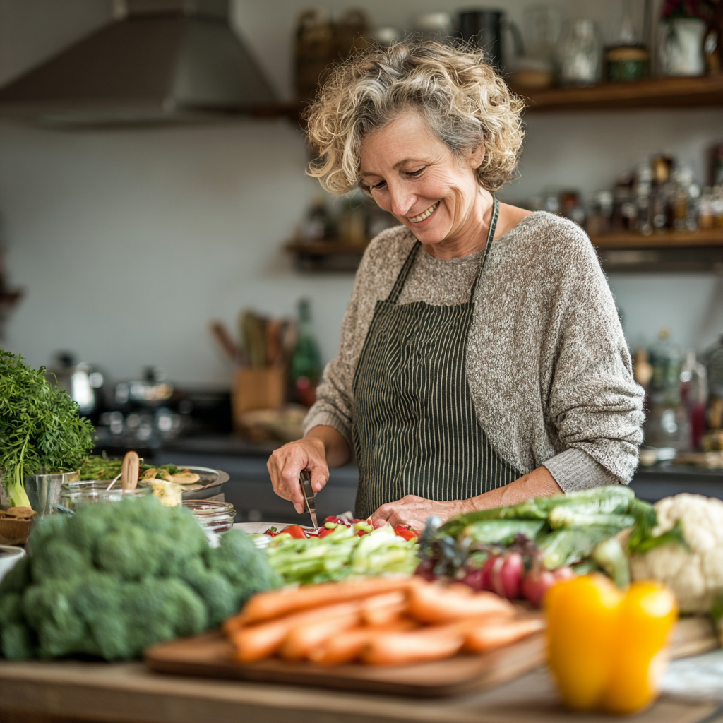Жінка 56 років з посмішкою готує корисний обід на кухні, навколо багато свіжих овочів