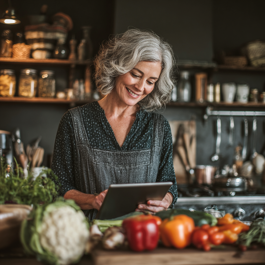 Жінка 52 років готує здорову їжу на кухні за рецептом з планшета, посміхається